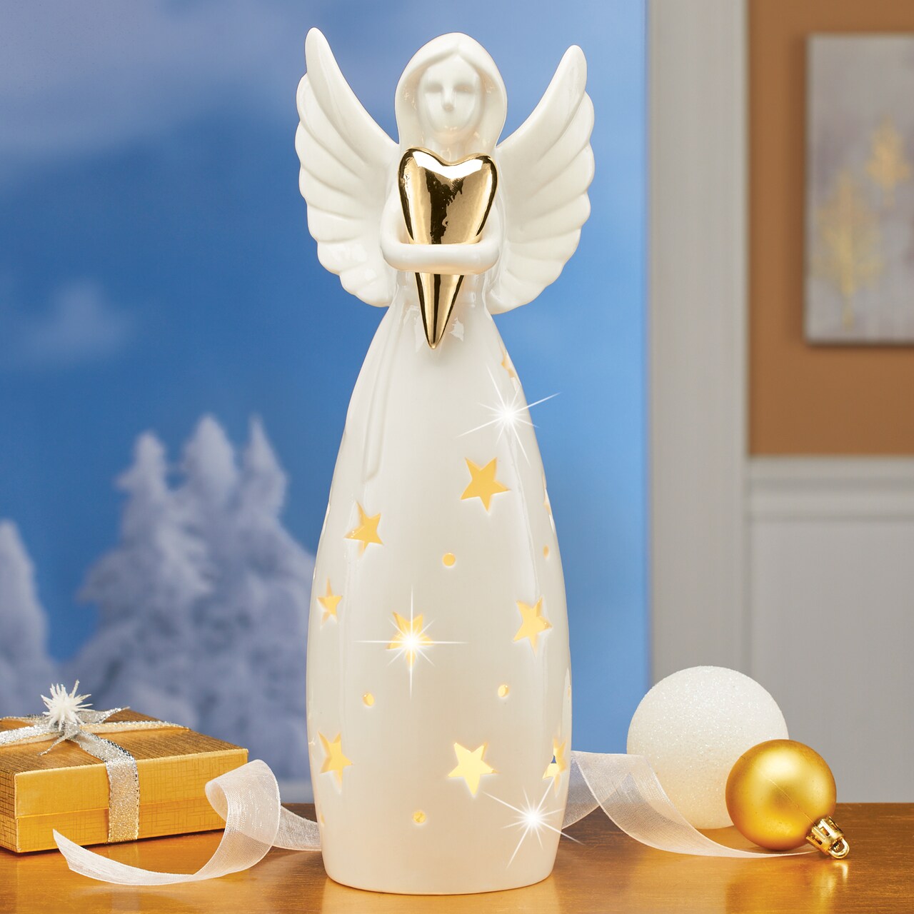 Collections Etc White Porcelain Star Angel Figurine with LED Lights